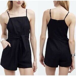 NEW Madewell Sz 0 / XS Romper Ottoline Linen Cotton Black Waist Tie Shorts